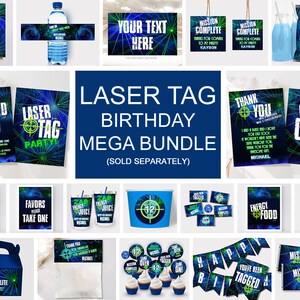 May include: A laser tag birthday party printable bundle featuring a dark blue background with bright green laser beams and crosshair graphics. Includes signs, water bottle labels, favor tags, snack bags, cupcake toppers, and banner pennants.