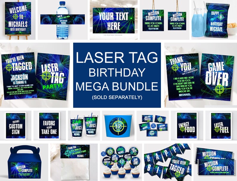 May include: A laser tag birthday party printable bundle featuring a dark blue background with bright green laser beams and crosshair graphics. Includes signs, water bottle labels, favor tags, snack bags, cupcake toppers, and banner pennants.