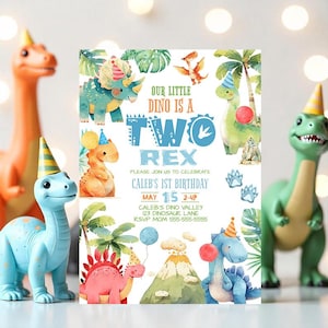 Editable Two Rex Dinosaur Birthday Party Invitation Boy T-Rex Dinosaur 2nd Birthday Party Cute Dinosaur 2nd Birthday Party Canva Template D2
