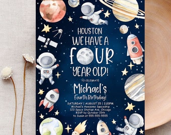 Outer Space Invitation Template Houston We Have A Four Year Old Fourth Birthday Party Space Invitation Birthday Party Invitation Corjl SP1