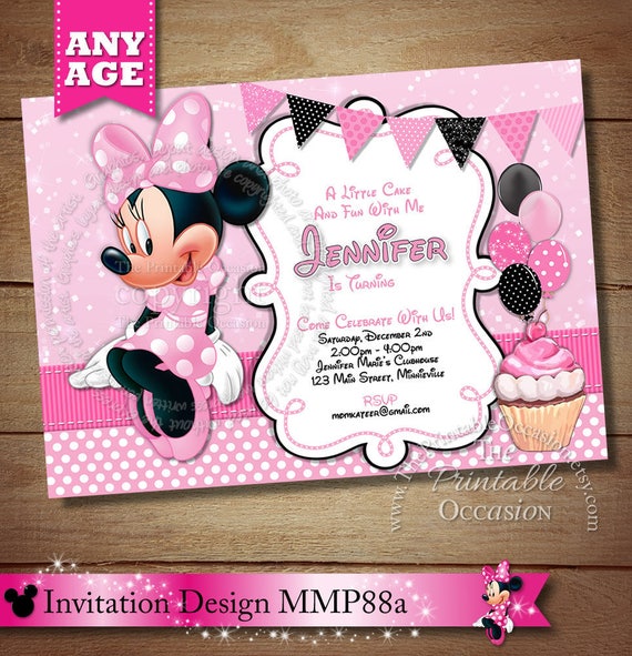 SAME DAY SVC Minnie Mouse Invitation, Minnie Mouse Birthday Invitation, Pink Black Minnie Mouse Invitations, Printable Invitation,Birthday Il_570xn
