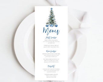 Blue Christmas Menu Template Editable, Christmas Tree Dinner Party, Christmas Rusic Brunch Menu, Bridal Shower Rustic Editable Card Menu T2A