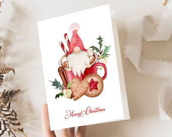 Santa Gnome Christmas Greeting Cards, Santa Gnome Holiday Cards, Christmas Cards, Printable Hot Chocolate Greeting Cards, INSTANT DOWNLOAD