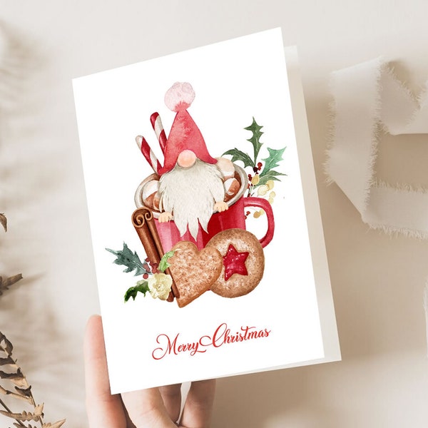 Santa Gnome Christmas Greeting Cards, Santa Gnome Holiday Cards, Christmas Cards, Printable Hot Chocolate Greeting Cards, INSTANT DOWNLOAD