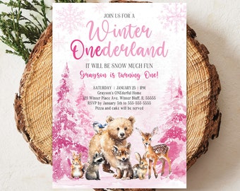 Girl's Winter ONEderland Woodland Birthday Invitation Editable Girl's Winter ONEderland First Birthday Invite Arctic Animals Forest Trees W2