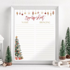 Może przedstawiać: Oprawiony świąteczny formularz rejestracyjny z białym tłem i dekoracyjną obwódką. Znak zawiera słowa "Sign Up Sheet" w czerwonym skrypcie, z miejscem na nazwiska i co ludzie przynoszą. Po lewej stronie znajduje się choinka.