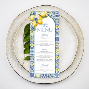 Blue Tiles Lemon Wedding Menu Template Editable Italian Reception Menu Printable Mediterranean Wedding Menu Card Amalfi Coast Dinner Men MT2
