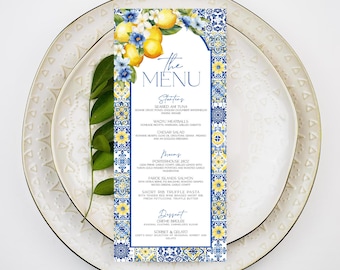 Blue Tiles Lemon Wedding Menu Template Editable Italian Reception Menu Printable Mediterranean Wedding Menu Card Amalfi Coast Dinner Men MT2