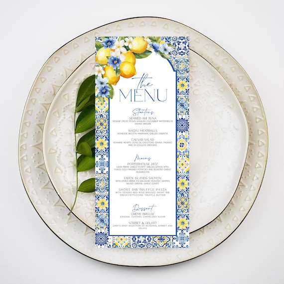 Blue Tiles Lemon Wedding Menu Template Editable Italian Reception Menu Printable Mediterranean Wedding Menu Card Amalfi Coast Dinner Men MT2