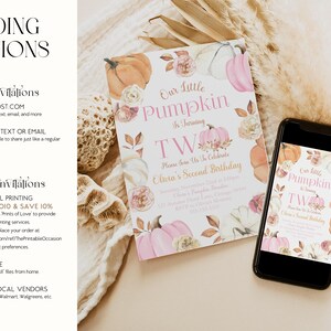 May include: A birthday invitation with a pumpkin theme. The invitation features watercolor pumpkins in shades of orange and pink, with floral accents. The text reads "Our Little Pumpkin is turning TW". A smartphone displays the same design.