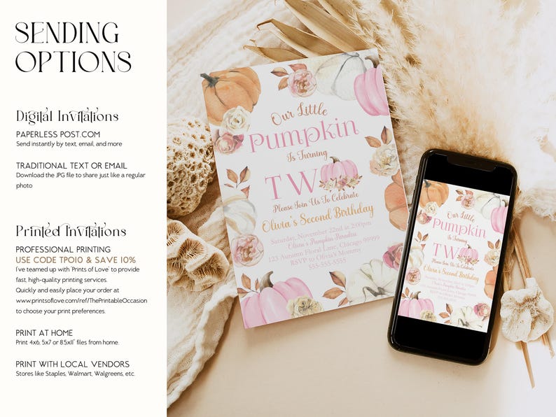 May include: A birthday invitation with a pumpkin theme. The invitation features watercolor pumpkins in shades of orange and pink, with floral accents. The text reads "Our Little Pumpkin is turning TW". A smartphone displays the same design.