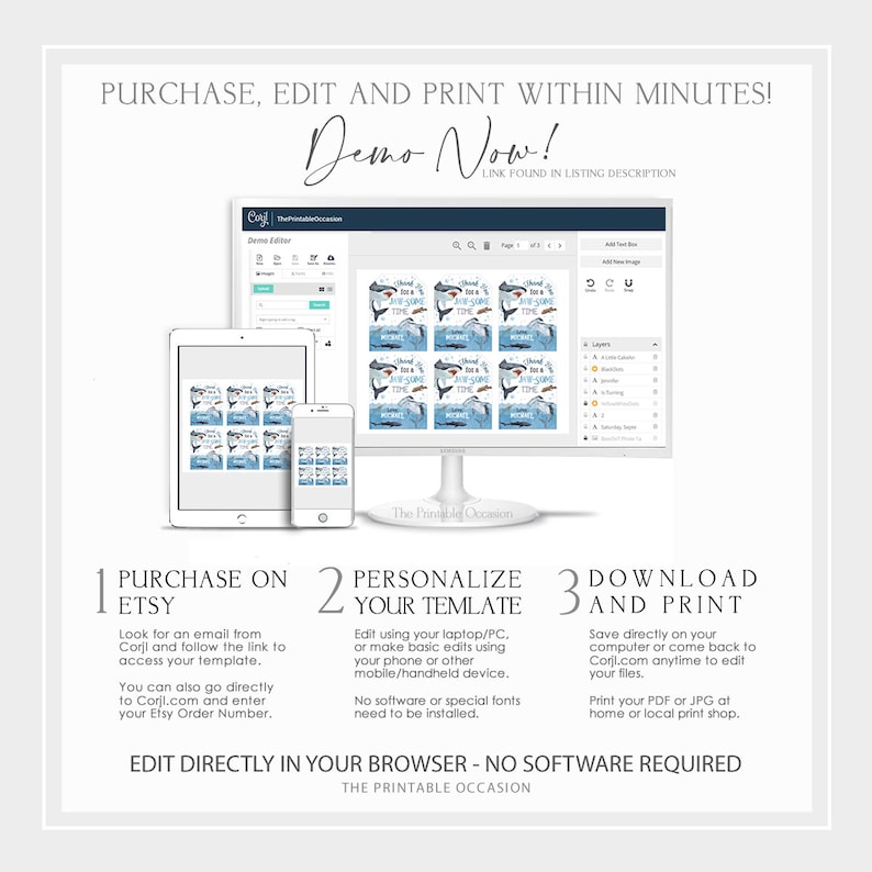 May include: A digital illustration showing how to purchase, personalize, and download a printable shark-themed party favor tag. The image shows a computer screen, a tablet, and a smartphone, all displaying the same design. The text on the tag reads "Sharks are in the air! It's a shark time!"