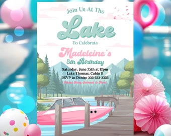 Girl's Lake Birthday Party Invitation Girl's Pink Boat Lake Birthday Party Summer Lake Water Party Pink Join Us At The Lake Party Invite L4B