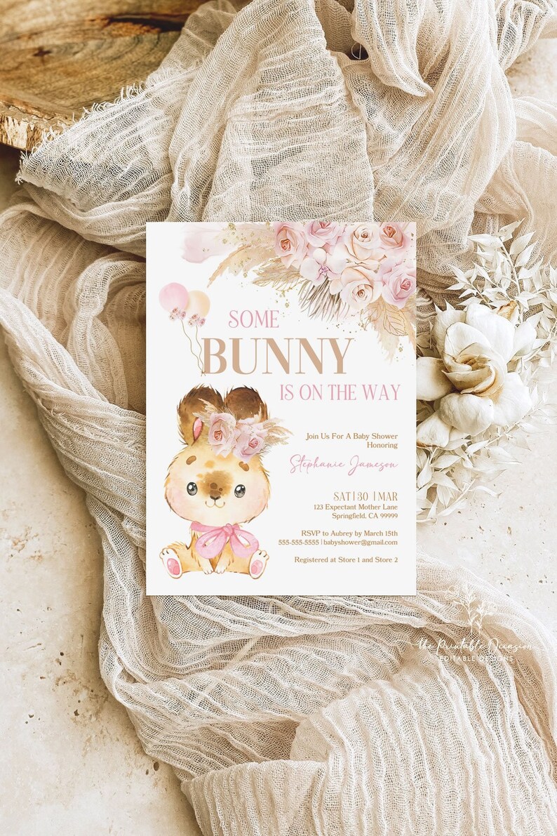 EDITABLE Boho Bunny Rabbit Baby Shower Invitation Bohemian Pink Pampas Grass Girl Bunny Baby Shower Some Bunny Shower Instant Download PGB1 image 3