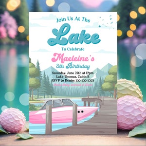 Girl's Lake Birthday Party Invitation Girl's Pink Boat Lake Birthday Party Summer Lake Water Party Join Us At The Lake Party Invite L4A