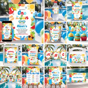 Könnte beinhalten: Eine Sammlung von Partyzubehör mit tropischem Thema, darunter Einladungen, Wasserflaschenetiketten, Saftbeutel, Cupcake-Topper und Schilder. Die Designs zeigen einen Flamingo, eine Sonnenbrille und den Text "One in the Sun" und "Pool Party Bash".