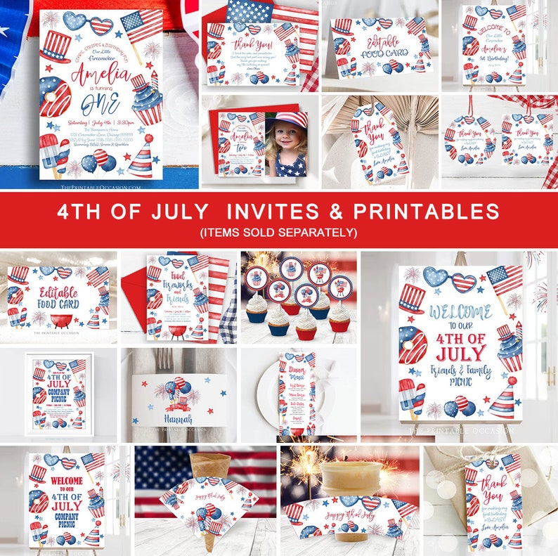 Puede incluir: Un conjunto de decoraciones imprimibles para fiestas del 4 de julio con colores rojo, blanco y azul. Los dise&ntilde;os incluyen fuegos artificiales, cupcakes y banderas estadounidenses. El texto en las impresiones incluye "Bienvenido a nuestro 4 de julio", "P&iacute;cnic de amigos y familia" y "Tarjeta de comida editable".