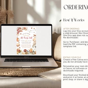 All Things Fall invitation template featuring watercolor autumn artwork with apples, pumpkins, lantern, hay bale and fall foliage surrounding the event wording. Warm red and golden lettering highlights the editable party information in the center. The design is displayed on a laptop screen within a cozy home setting showing how the invitation can be edited online and downloaded.