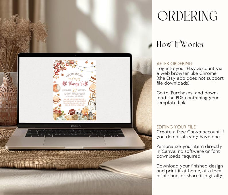 All Things Fall invitation template featuring watercolor autumn artwork with apples, pumpkins, lantern, hay bale and fall foliage surrounding the event wording. Warm red and golden lettering highlights the editable party information in the center. The design is displayed on a laptop screen within a cozy home setting showing how the invitation can be edited online and downloaded.