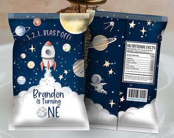 Editable Outer Space Chip Bag Outer Space Birthday Party Decor Boy 1st Birthday Astronaut Galaxy Snack Favors Digital Corjl Template SP1