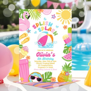 Editable Splish Splash Birthday Invitation Pool Party Girl Summer Waterslide Water Party Pink Download Printable Invite Template Corjl P5