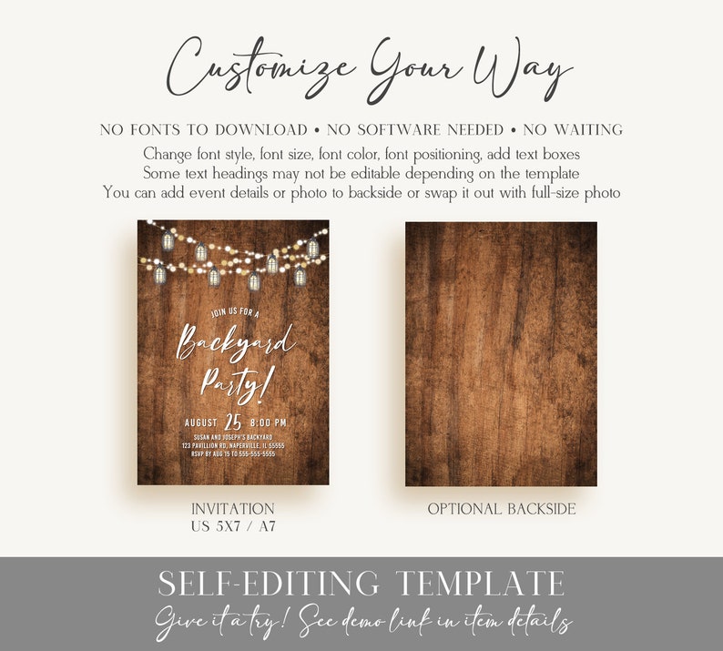 Rustic Backyard Party Invitation Template, BBQ Party Invitation, Baby Shower Invitation Birthday Party Retirement Party, Couples Party Corjl image 6