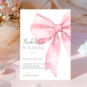 Pink Bow 1st Birthday Invitation Girl First Birthday Template Printable Pink Coquette Bow Invitation 1st Birthday Girl Invite Bow Invite