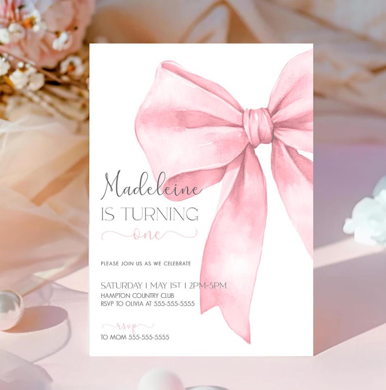 Pink Bow 1st Birthday Invitation Girl First Birthday Template Printable Pink Coquette Bow Invitation 1st Birthday Girl Invite Bow Invite