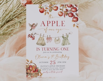 Girls Apple Of Our Eye First Birthday Invitation Editable Fall Apple Orchard Birthday Invite Printable Autumn Apple Birthday Invitation GF2