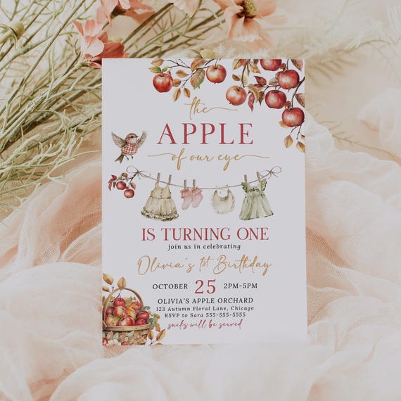 Girls Apple Of Our Eye First Birthday Invitation Editable Fall Apple Orchard Birthday Invite Printable Autumn Apple Birthday Invitation GF2