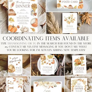 May include: A collection of Thanksgiving-themed invitation and food cards. The designs feature watercolor illustrations of pumpkins, wheat, and turkey. The text includes "Thanksgiving Dinner" and "Edible Food Card".