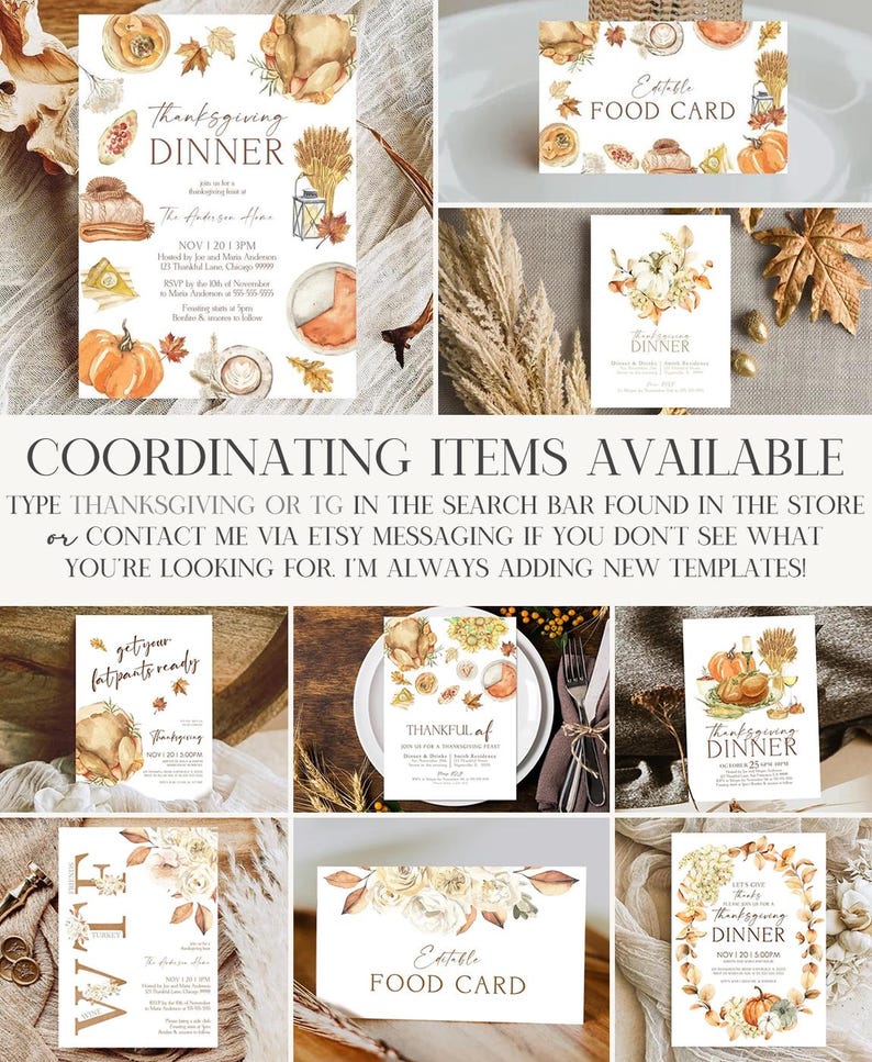 May include: A collection of Thanksgiving-themed invitation and food cards. The designs feature watercolor illustrations of pumpkins, wheat, and turkey. The text includes "Thanksgiving Dinner" and "Edible Food Card".