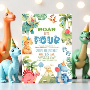 Editable Dinosaur 4th Birthday Invitation Roar Into Four T Rex Party Boy Canva Template D2