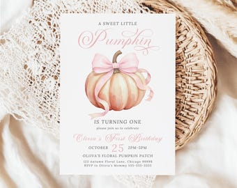 May include: A light pink and peach-colored invitation card with a watercolor illustration of a pumpkin adorned with a pink bow. The text reads "A Sweet Little Pumpkin" and "Olivia's First Birthday" with event details.