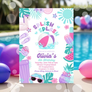 EDITABLE Girl's Tropical Splish Splash Water Birthday Party Invitation Splash Pad Water Slide Paddling Pool Summer Party Instant Download P6