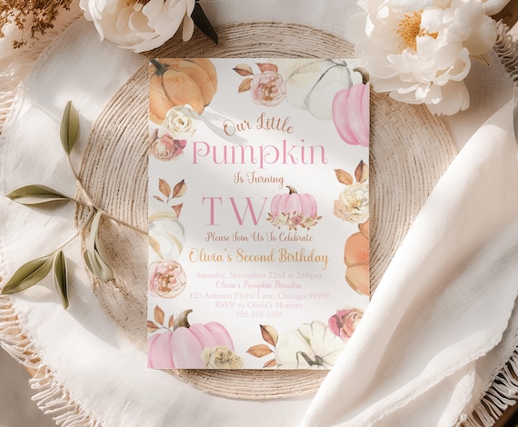 Our Little Pumpkin Second Birthday Invitation Girl Fall Birthday Invite Pink Pumpkin Theme Editable Autumn Two Printable Template Canva PM1