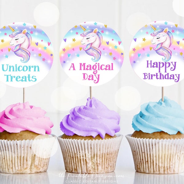 Unicorn Cupcake Toppers Unicorn Birthday Party Decoration Magical Pastel Unicorn Party Girl Rainbow Instant Download Digital Printable UN1