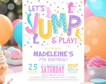 Jump Invitation Template Editable Jump Birthday Invite Trampoline Party Bounce House Jump Party Let's Jump Girl Printable Canva Download PL1