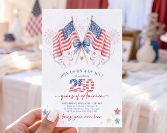 May include: A white rectangular invitation card featuring two crossed American flags tied with a blue bow, surrounded by fireworks and stars. The text reads: JOIN US ON 4 OF JULY to celebrate 250 years of America, SATURDAY | JULY 4TH | 12P-10P, Meet in Rodney's backyard, 123 Independence Day, Chicago, RSVP to Sara 555-555-5555, bring your own beer.