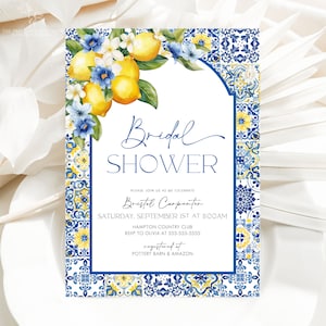 Mediterranean Lemon Bridal Shower Invitation Template Italian Blue Tiles Bridal Shower Arched Invite Main Squeeze Instant Download Canva MT2