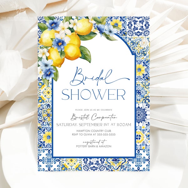 Mediterranean Lemon Bridal Shower Invitation Template, Italian Blue Tiles Bridal Shower Arched Invite, Main Squeeze, Instant Download MT2