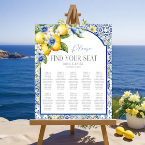 Blue Tiles Lemon Seating Chart, Printable Mediterranean Wedding Seating Plan, Editable Amalfi Coast Tuscan Seating Chart Sign Template MT2