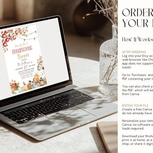 May include: A laptop displays a Friendsgiving Dinner invitation with fall-themed illustrations of apples, pumpkins, and a wagon wheel. The screen also shows the text "Ordering Your File" and instructions for downloading and editing the file.