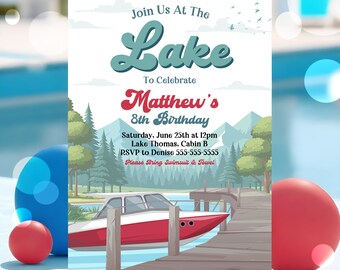 Boy's Editable Lake Birthday Party Invitation Red Boat Lake Birthday Party Summer Lake Water Party Join Us At The Lake Party Download L4D