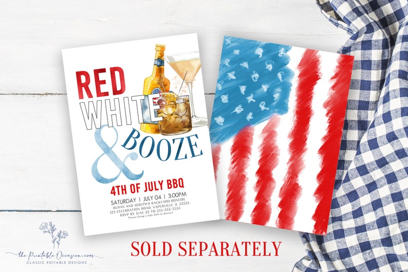 Puede incluir: Una invitaci&oacute;n acuarela roja, blanca y azul para una barbacoa del 4 de julio. La invitaci&oacute;n presenta una bandera estadounidense estilizada y el texto "Red White & Booze 4th of July BBQ".