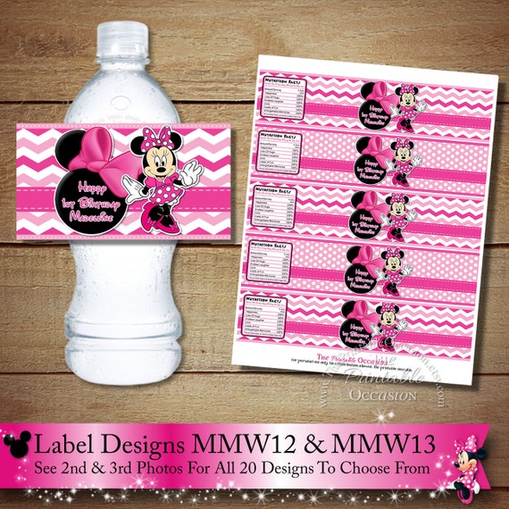 ANY SET of 2 Pink Polka Dot and Chevron Minnie Mouse Water Bottle Labels, Pink Printable Minnie Mouse Bottle Wrappers Bottle Labels MMFLP Il_570xn