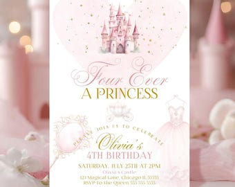 Princess Birthday Invite Four Ever A Princess Editable Princess 4th Birthday Invitation Girls Princess Invites Castle Canva Template PR2