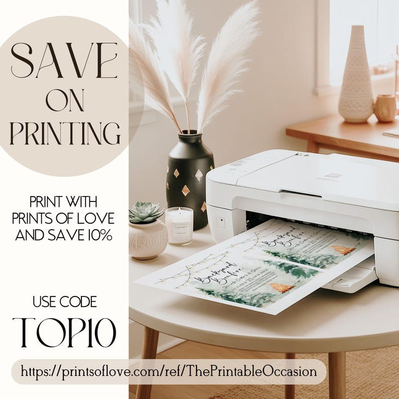 May include: A white printer printing invitation cards. The image includes text that says "SAVE ON PRINTING", "PRINT WITH PRINTS OF LOVE AND SAVE 10%", and "USE CODE TOPIO". A black vase with gold diamond shapes and pampas grass is in the background.