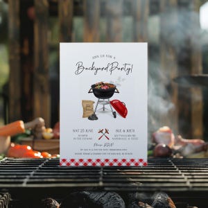 Backyard barbecue invitation styled against a smoking grill for an authentic cookout vibe. Featuring a red gingham border, grill illustration, and playful party details, this editable template is ideal for birthdays or summer gatherings. The listing comes with both an invite and evite version for easy customization. A fun and creative BBQ invitation that captures the spirit of outdoor entertaining.