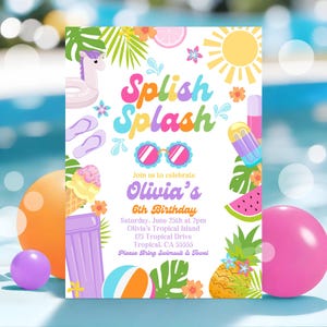 EDITABLE Tropical Splish Splash Water Birthday Party Invitation Girly Splash Pad Water Slide Paddling Pool Summer Party Instant Download P7